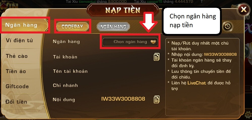 Chọn ngân hàng để tiến hành nạp tiền iWin