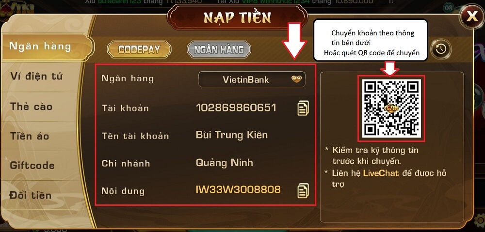Thông tin chuyển khoản để nạp tiền iWin