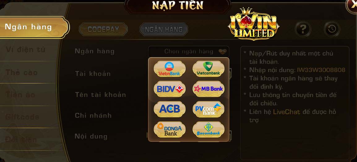 iwin có liên kết với rất nhiều ngân hàng uy tín