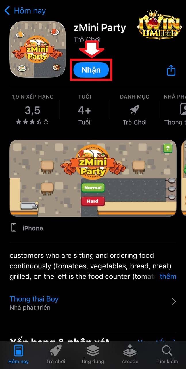 Nhấp vào NHẬN để tải app iWin