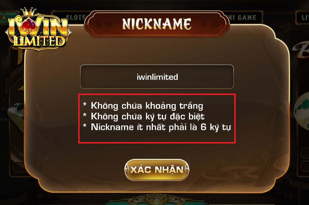 Nhập biệt danh (nickname) cho tài khoản iWin